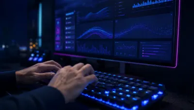 Mains en mouvement sur un clavier mécanique rétroéclairé bleu électrique, grand écran dark mode affichant des métriques LiteSpeed Cache en arrière-plan