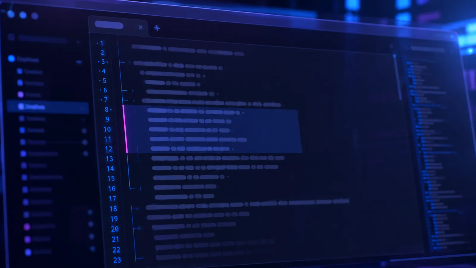Éditeur de code vu de biais sur écran de verre : arborescence de fichiers à gauche, numéros de ligne de 1 à 22, lignes de configuration floutées, un bloc surligné par une bande de sélection bleue et un curseur magenta