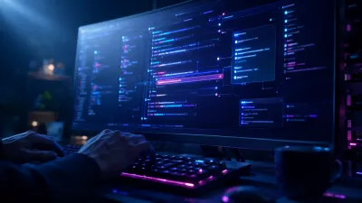 Mains sur un clavier mécanique rétroéclairé face à un large écran affichant du code en mode sombre, coloration syntaxique bleu électrique et magenta, une ligne surlignée, tasse et plante floues en arrière-plan