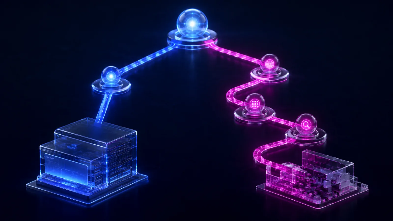 Diagramme isométrique : d'un nœud racine lumineux, un tracé bleu rectiligne rejoint en une étape une baie serveur de verre intacte (restauration) ; un tracé magenta sinueux traverse trois nœuds d'inspection — empreinte, grille, loupe — vers une structure encore fragmentée (nettoyage manuel)