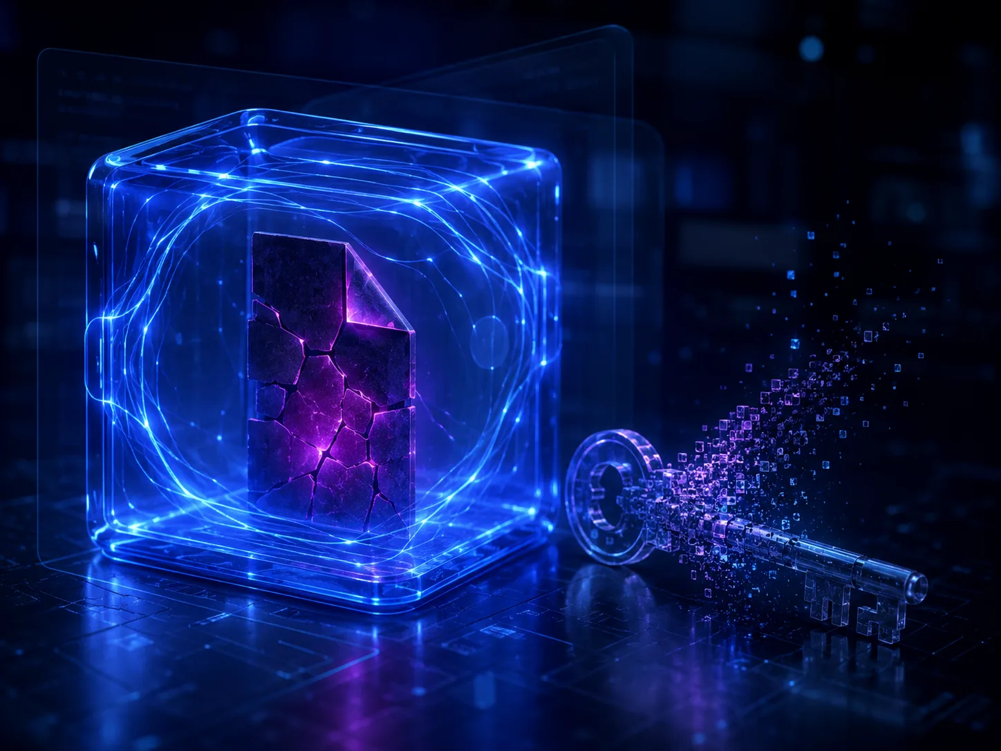 Cube de confinement aux filaments bleu électrique enserrant un fichier de pierre fracturé à lueur magenta, clé de verre posée au sol se désagrégeant en particules cubiques, panneaux translucides en arrière-plan