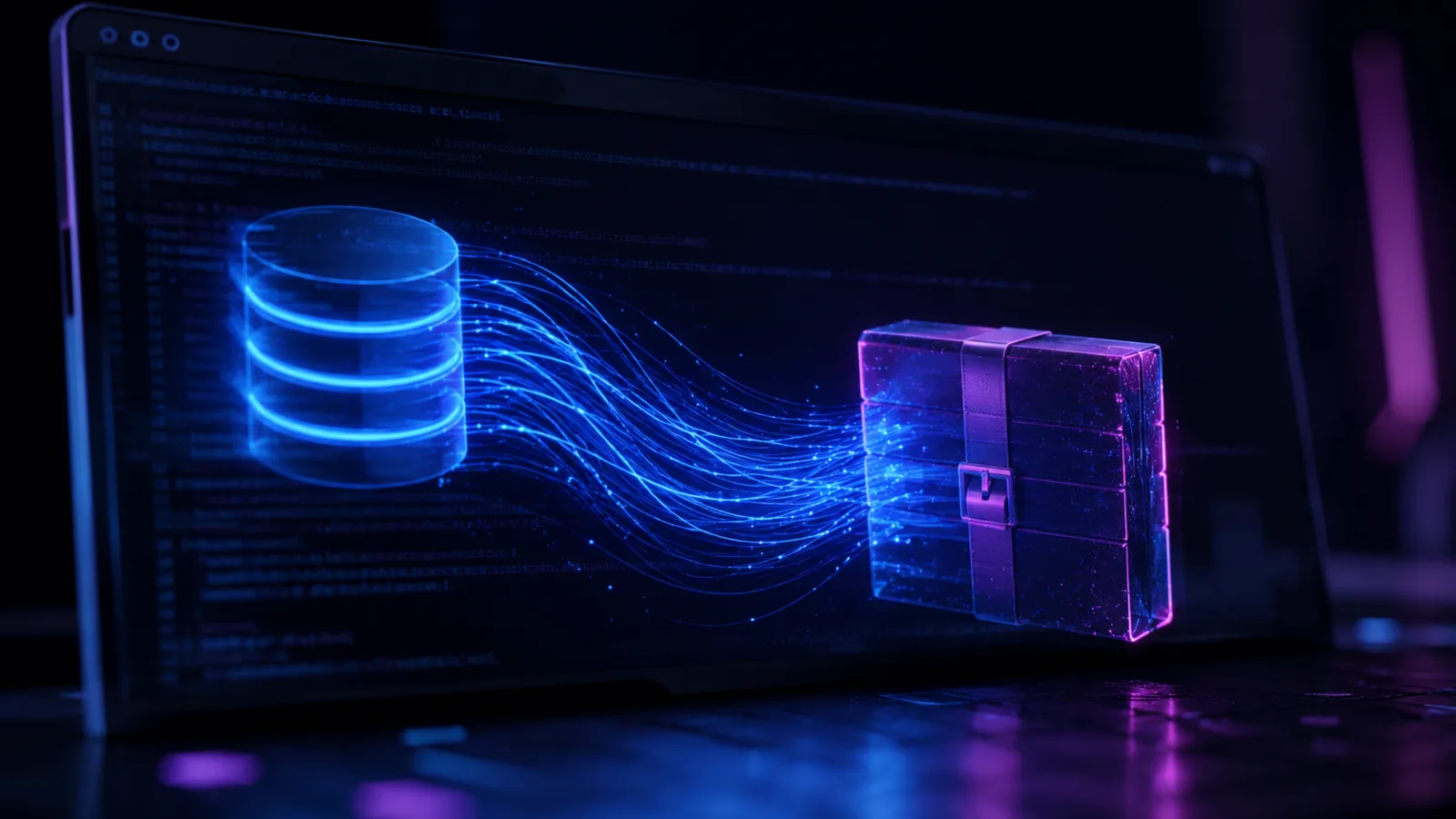Écran de portable affichant du code : un cylindre de base de données bleu électrique se déverse en un flux de données lumineux vers un paquet d'archive compressée aux arêtes magenta — visualisation d'un export mysqldump compressé