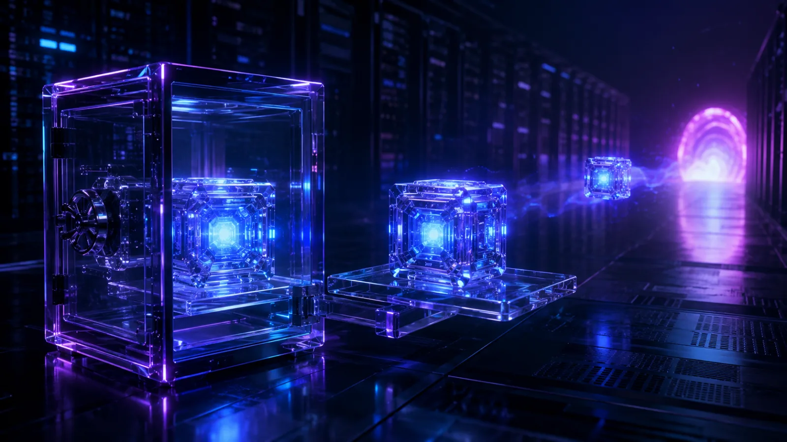 Coffre-fort de verre dans une salle serveur sombre contenant un cube de données lumineux, deuxième cube identique sur un socle séparé, troisième cube filant vers un portail magenta au fond de l'allée — métaphore de la règle de sauvegarde 3-2-1
