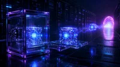 Coffre-fort de verre dans une salle serveur sombre contenant un cube de données lumineux, deuxième cube identique sur un socle séparé, troisième cube filant vers un portail magenta au fond de l'allée — métaphore de la règle de sauvegarde 3-2-1