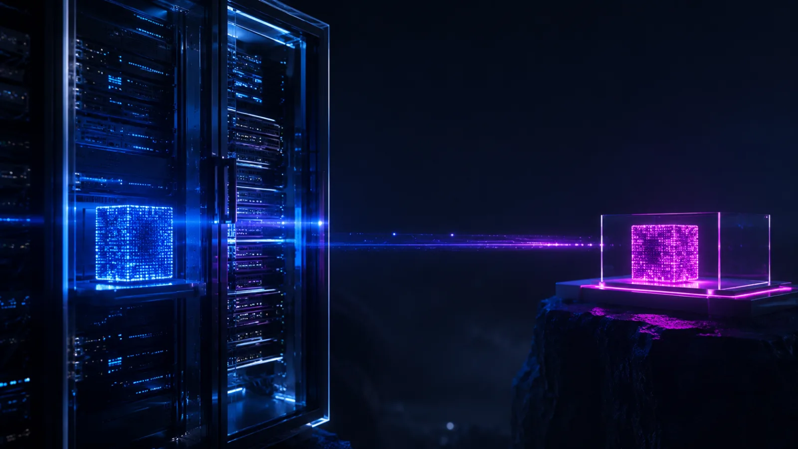 Écran scindé : à gauche, cube de sauvegarde bleu rangé dans la même baie que son serveur source ; à droite, cube identique sous halo magenta posé sur un promontoire rocheux isolé, relié par un mince pont de lumière — copie locale contre copie hors site