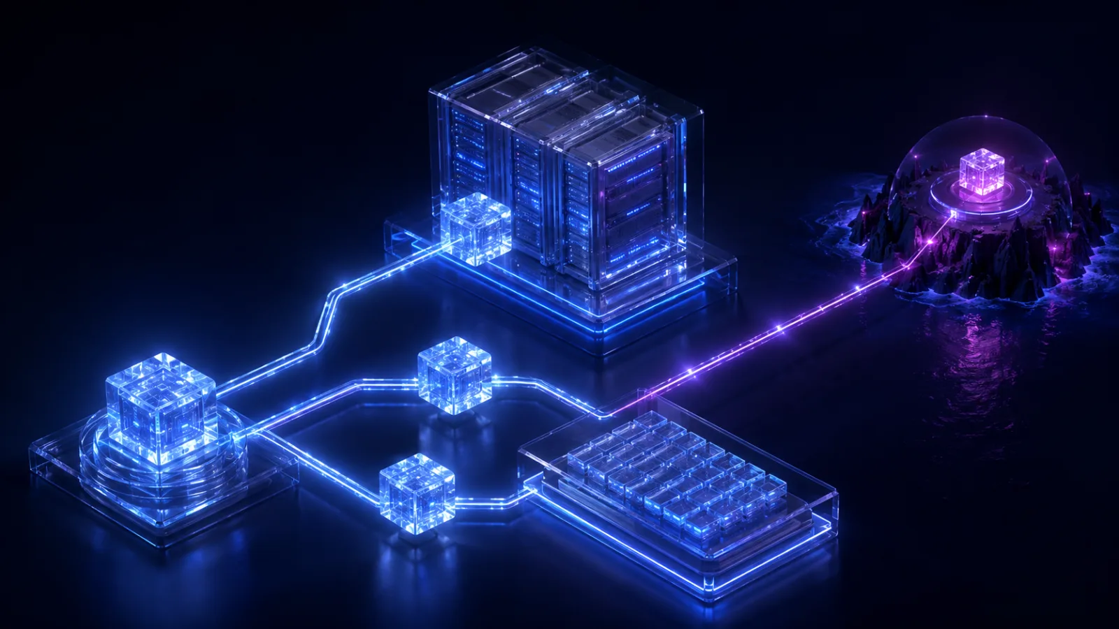 Schéma isométrique de la règle 3-2-1 : un cube source dupliqué en trois copies, acheminées vers deux supports distincts — baie serveur de verre et module de stockage plat — dont une expédiée par un lien magenta vers un îlot isolé hors site
