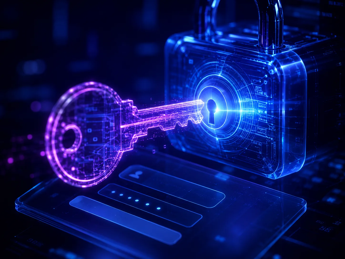 Clé numérique magenta à texture de circuit pointant vers un cadenas holographique bleu à serrure, au-dessus d'un formulaire de connexion dont un champ affiche un mot de passe masqué