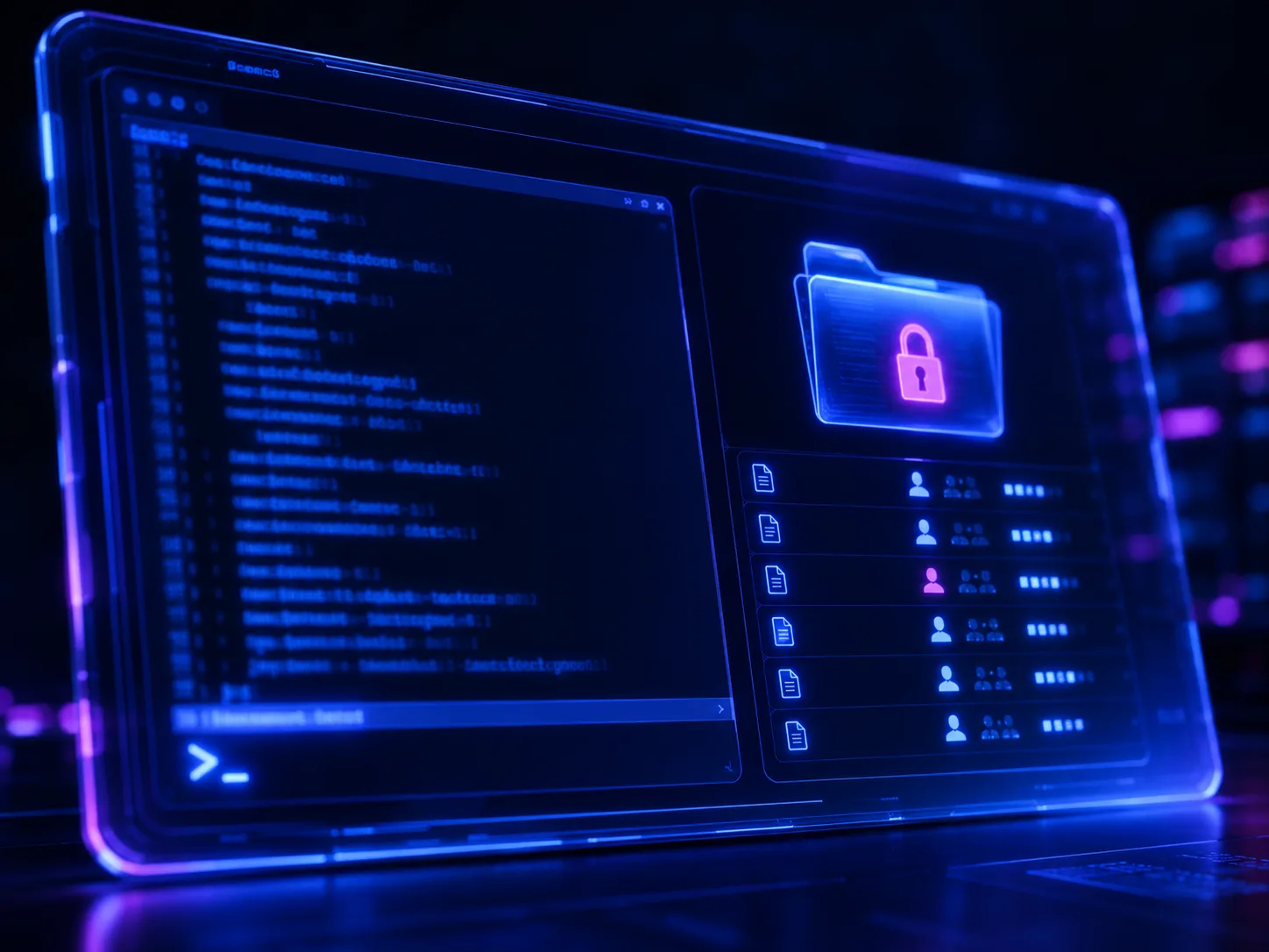 Panneau de terminal affichant des lignes de code à gauche et, à droite, un dossier verrouillé par un cadenas magenta au-dessus d'une liste de fichiers à indicateurs de permissions