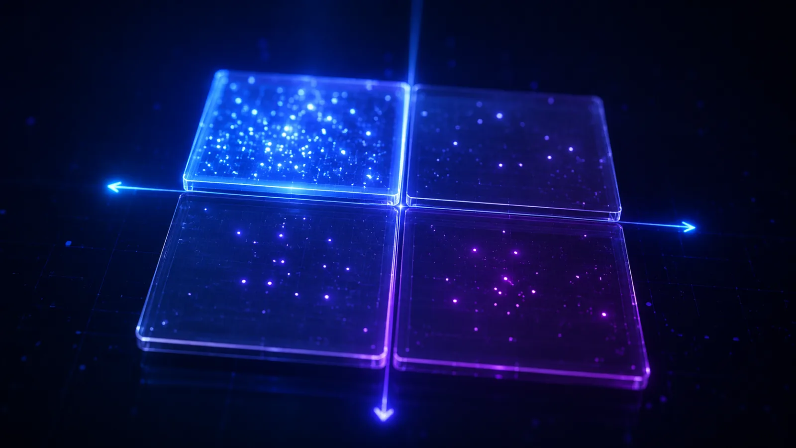 Quatre tuiles de verre translucides en matrice 2×2 flottante avec des axes fléchés lumineux, le quadrant supérieur gauche brillant en bleu électrique, les autres teintés de magenta
