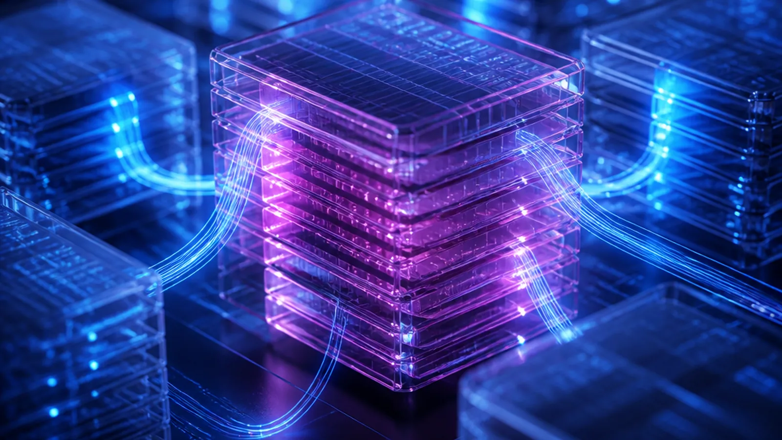 Gros plan macro sur une structure de base de données : tables de données translucides empilées et lignes de requêtes lumineuses circulant entre les rangées, lumière bleu électrique sur les requêtes actives