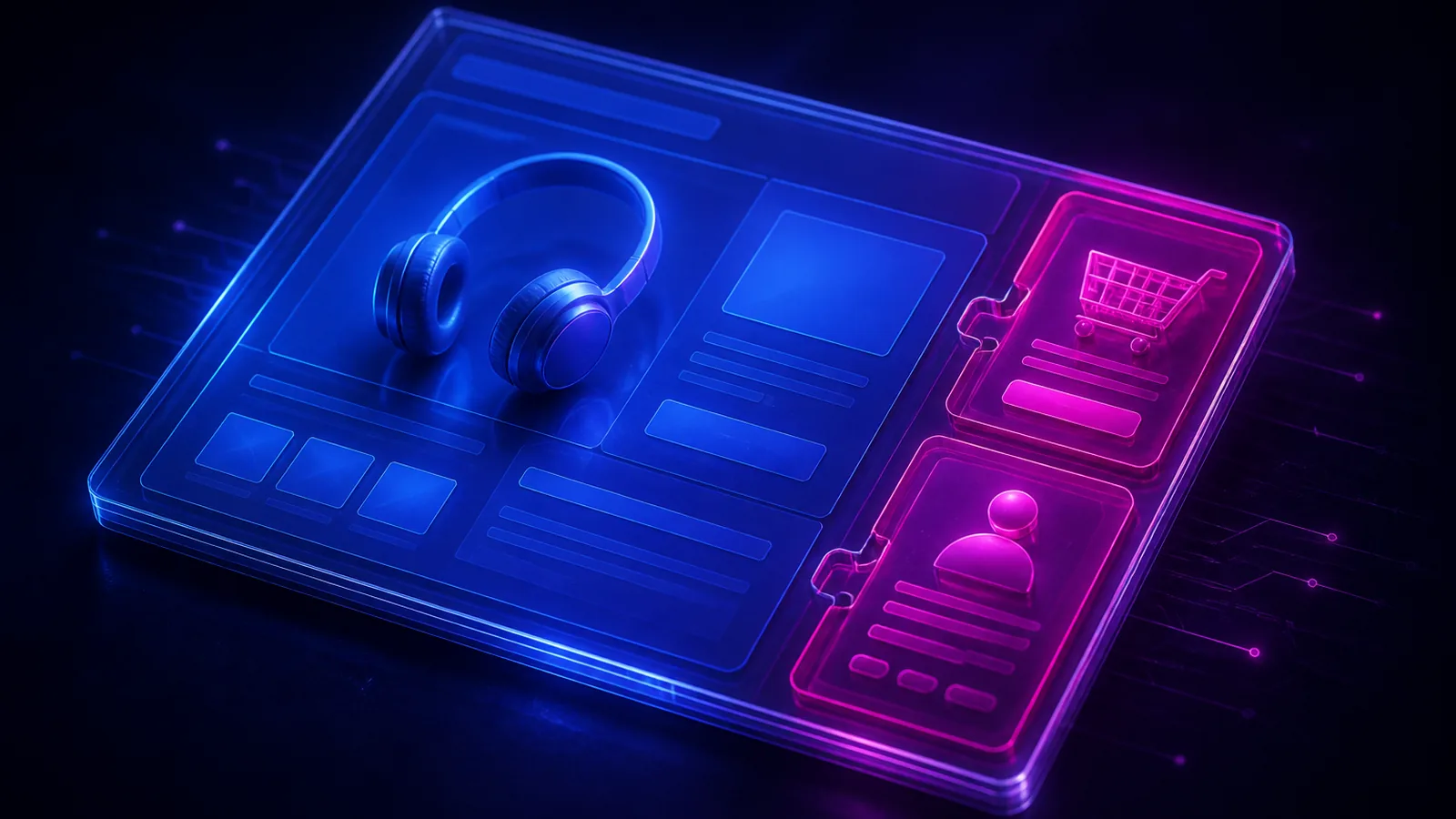 Schéma d'une fiche produit dont la zone principale est mise en cache (bleu fixe) tandis que deux fragments — widget panier et menu compte — restent dynamiques (magenta pulsé)