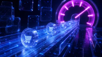 Flux de commandes e-commerce lumineux circulant sur un tapis de lumière, compteur de charge néon en arrière-plan, palette bleu électrique et magenta sur fond bleu nuit
