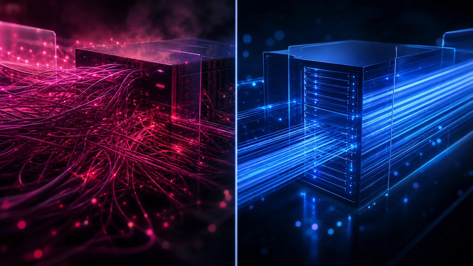 Comparaison en écran partagé : à gauche un serveur mutualisé saturé engorgé de trafic magenta-rouge sous charge de soldes, à droite un VPS/dédié isolé écoulant un trafic bleu électrique fluide