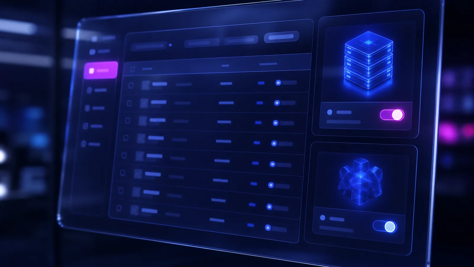Interface d'administration e-commerce sur écran de verre holographique, table de commandes et interrupteurs de configuration du stockage haute performance et du cache éclairés en bleu électrique