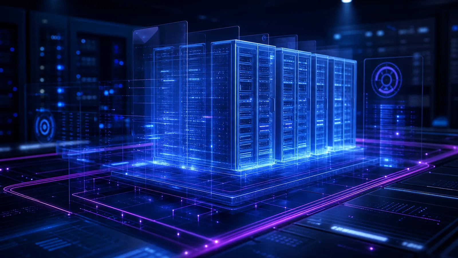 Carte holographique d'une infrastructure d'hébergement WordPress haut de gamme, serveurs nimbés de bleu électrique