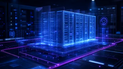 Carte holographique d'une infrastructure d'hébergement WordPress haut de gamme, serveurs nimbés de bleu électrique