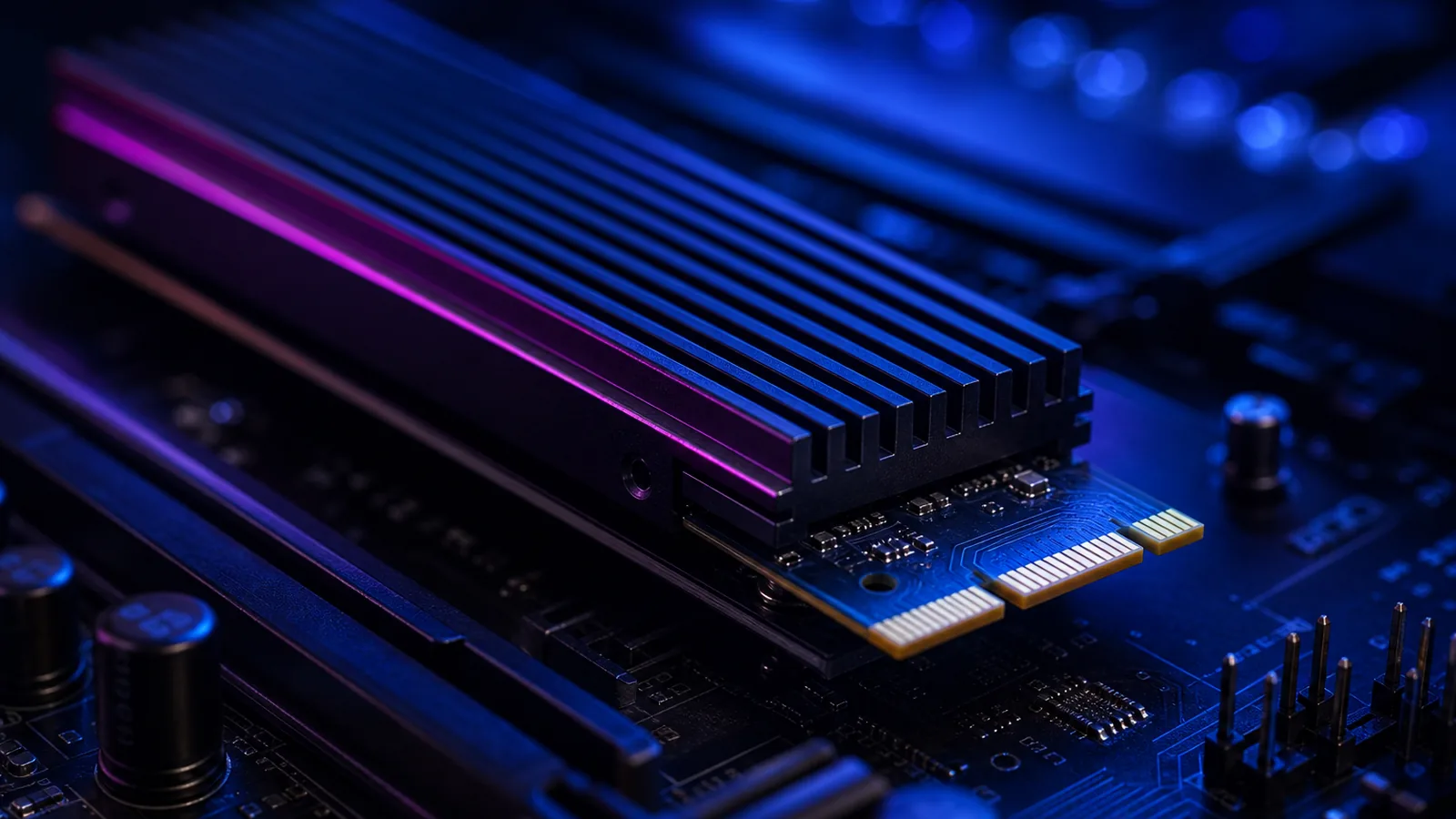 Gros plan macro sur un SSD NVMe Gen4 avec dissipateur, monté sur une carte mère serveur baignée de bleu électrique