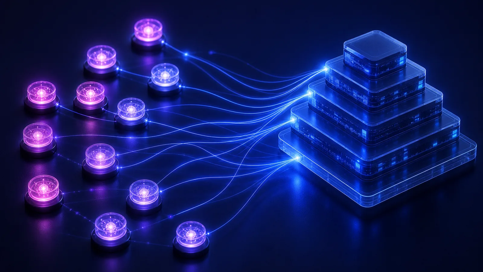Schéma abstrait reliant des nœuds lumineux (profils de sites WordPress) à une structure étagée (paliers d'hébergement)