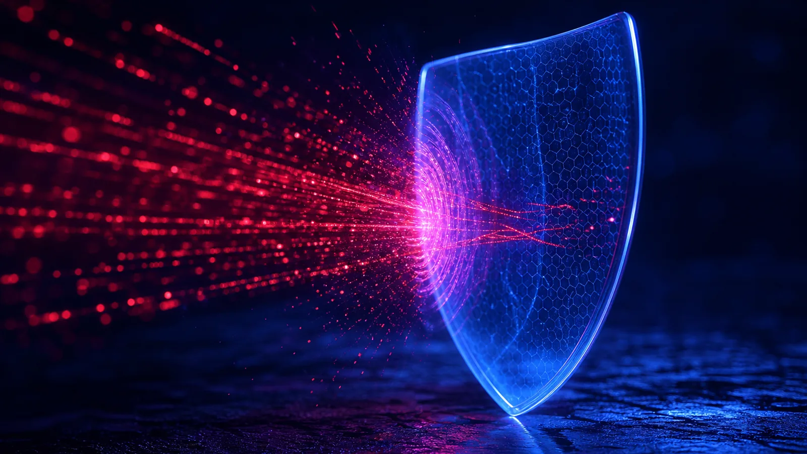 Bouclier de sécurité translucide à maille hexagonale déviant un flux de particules rouges représentant les menaces