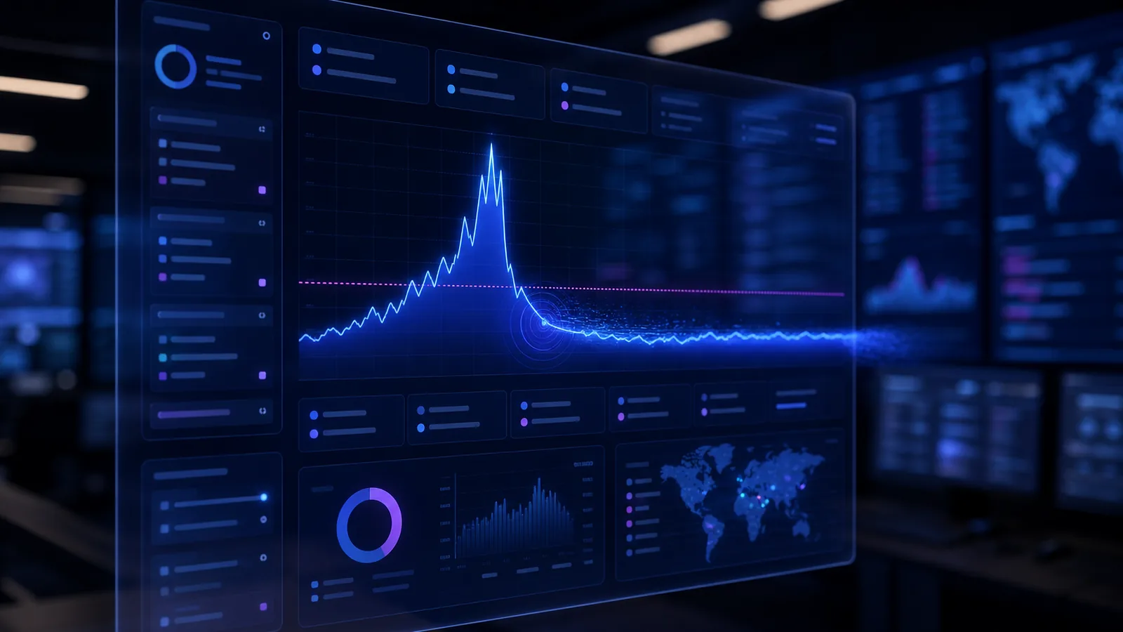 Tableau de bord de supervision affichant un graphique de trafic avec un pic aplati après une ligne de seuil en pointillés magenta, entouré de widgets (carte mondiale, graphiques circulaires, histogramme) dans une salle de supervision sombre