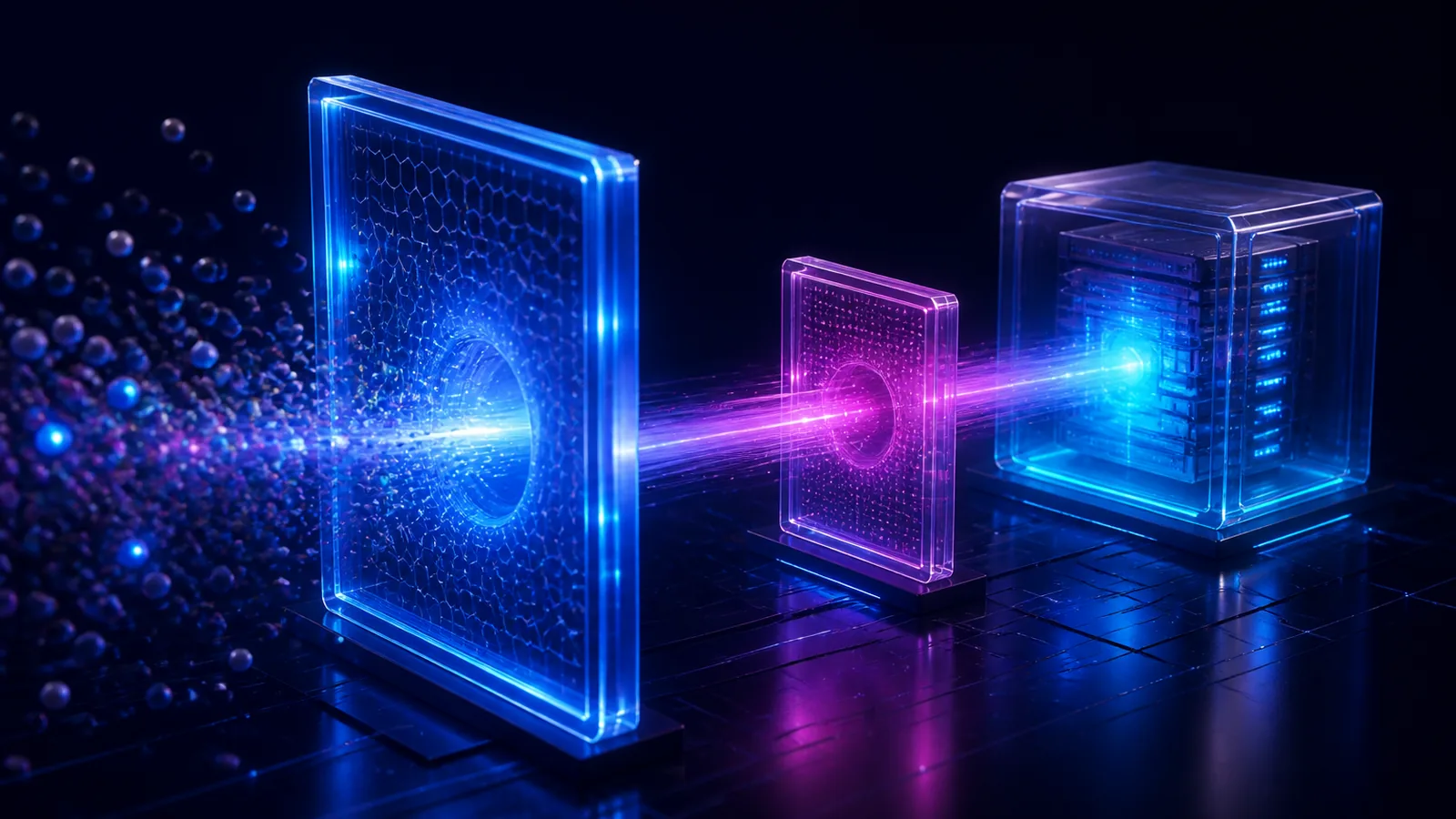 Trois panneaux de verre lumineux reliés par des faisceaux : un premier panneau hexagonal bleu recevant un nuage de particules, un second panneau plus petit à accent magenta, un troisième panneau cubique contenant un rack serveur miniature