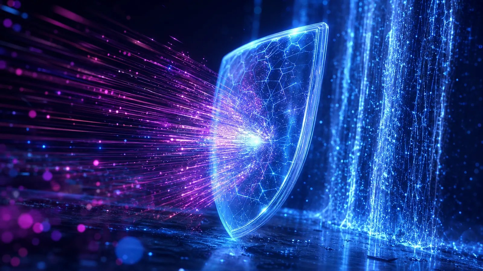 Bouclier holographique hexagonal bleu électrique recevant un faisceau de particules magenta et bleu qui se dissout à son contact, devant un rideau de pluie de lumière verticale