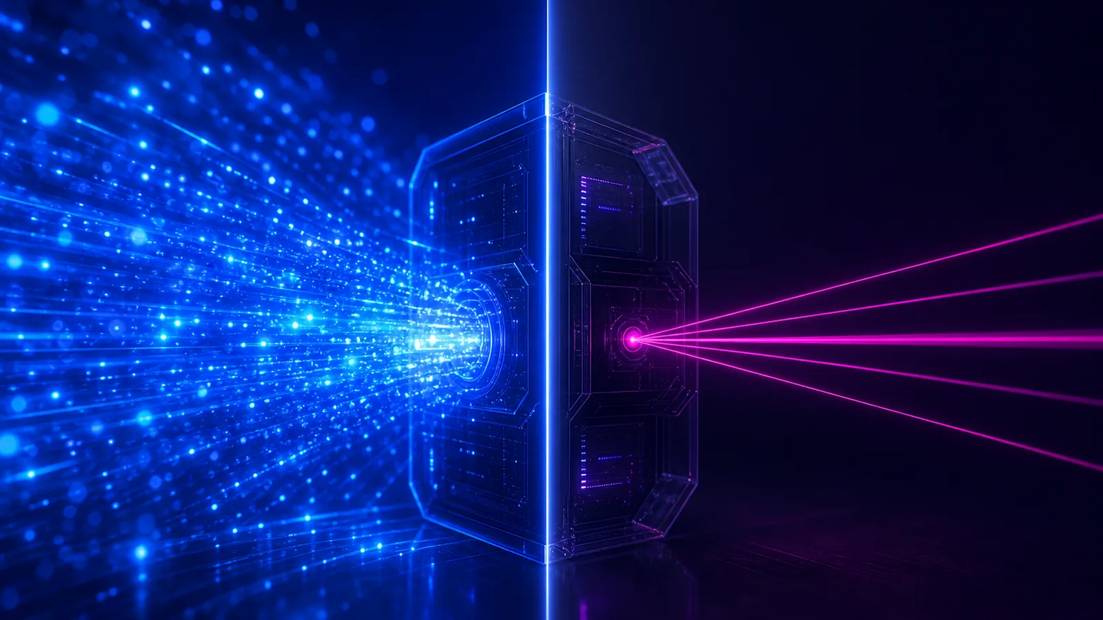 Comparaison en split-screen : à gauche un flux massif de particules bleues submergeant un module central, à droite quelques faisceaux laser magenta précis convergeant vers un point unique