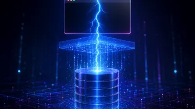 Fenêtre de terminal sombre suspendue au-dessus d'un cylindre de base de données, un éclair bleu électrique la traverse et alimente une plateforme de flux de données lumineuse, gouttes de particules bleues descendant jusqu'à la base