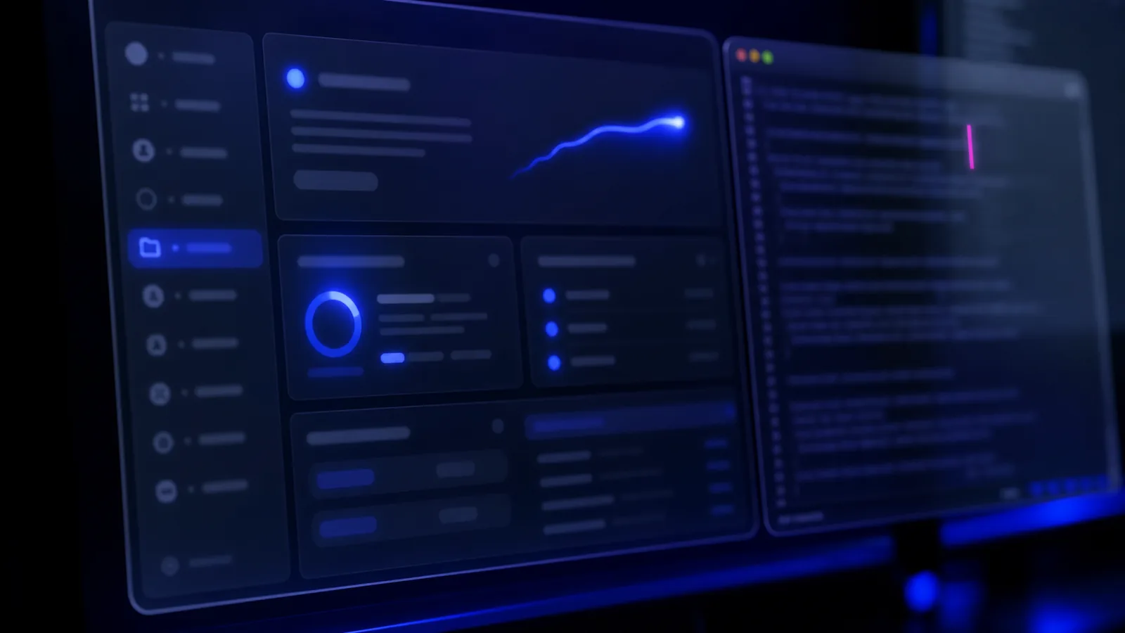 Vue en angle de deux écrans sombres : à gauche un tableau de bord avec un indicateur de statut bleu et une courbe ascendante, un anneau de progression et des listes à puces ; à droite une fenêtre de terminal avec des lignes de code floutées et un curseur magenta