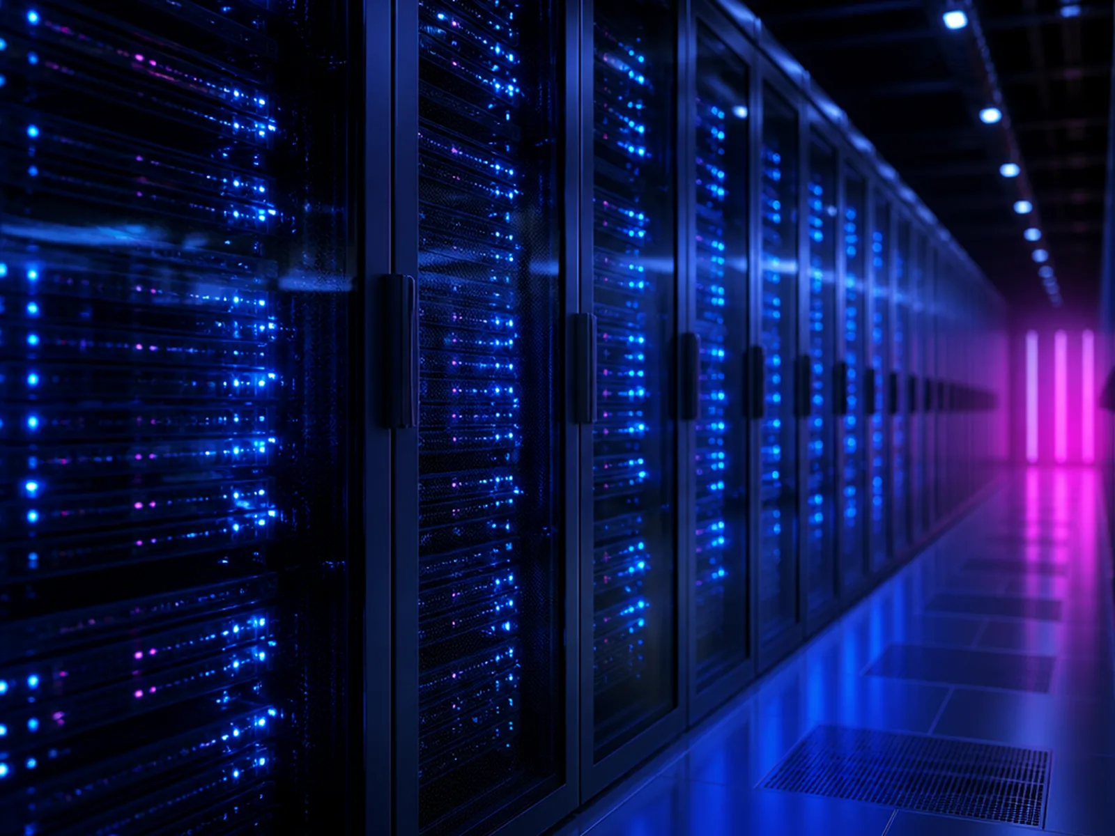 Allée froide d'un datacenter : baies serveurs vitrées aux LED bleues alignées, halo magenta en fond d'allée