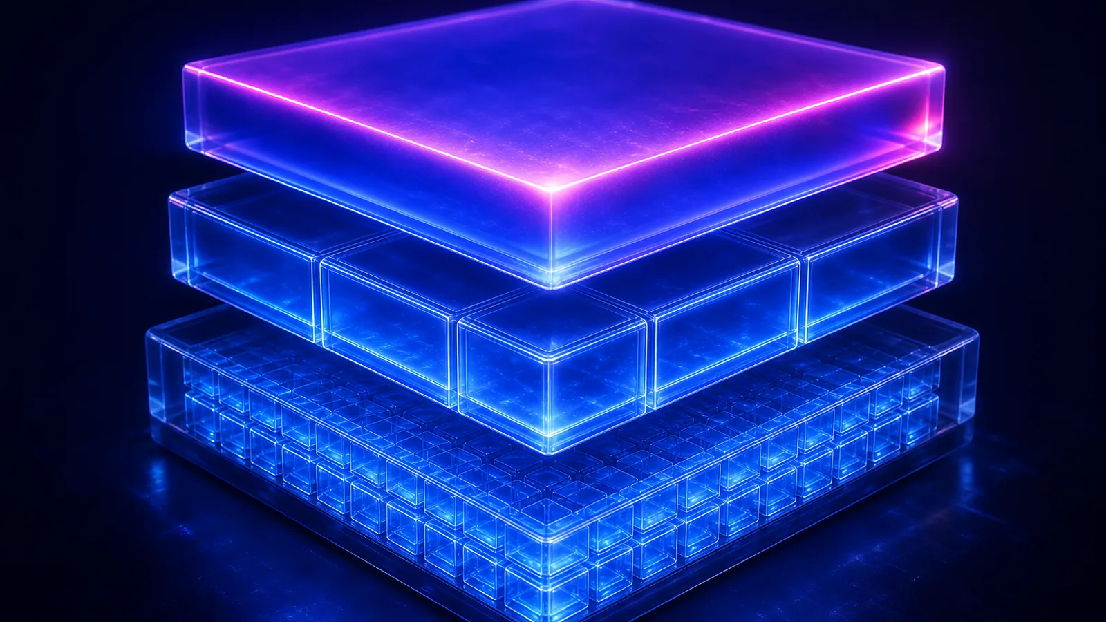 Trois plaques de verre empilées : la base finement quadrillée en dizaines de cellules bleues, la couche médiane en quelques blocs plus larges, le sommet une dalle pleine à liseré magenta