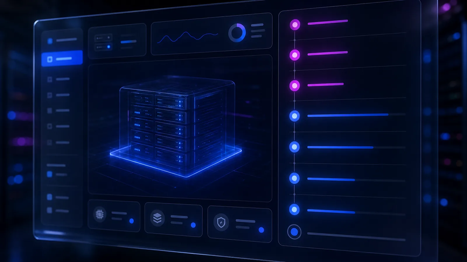 Tableau de bord de provisioning : rendu 3D d'une baie serveur au centre, jauges système à gauche, liste d'étapes de déploiement à puces colorées à droite