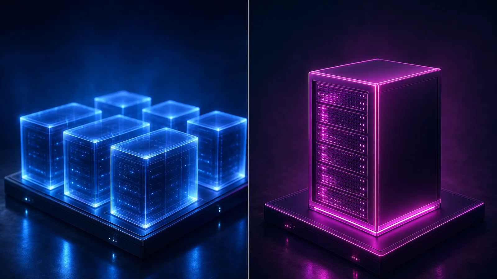À gauche, six blocs translucides bleus regroupés sur un même socle ; à droite, une seule tour serveur opaque magenta isolée sur son propre socle