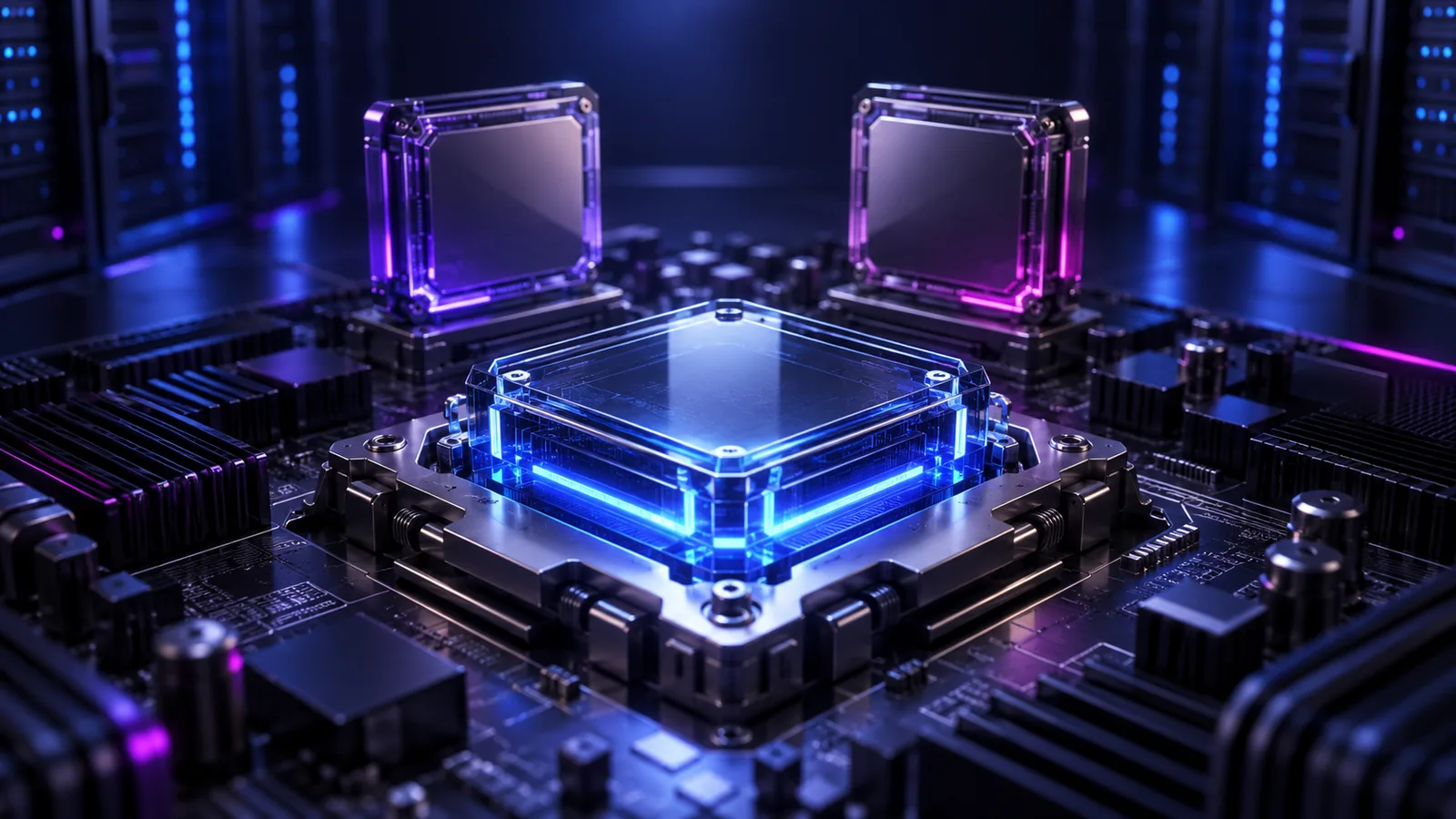 Module de processeur en verre éclairé en bleu sur une carte de serveur, devant deux autres modules aux reflets violets
