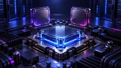 Module de processeur en verre éclairé en bleu sur une carte de serveur, devant deux autres modules aux reflets violets
