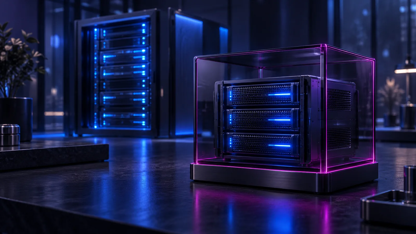 Petit serveur bleu placé dans un cube de verre bordé de magenta, devant une baie de serveurs