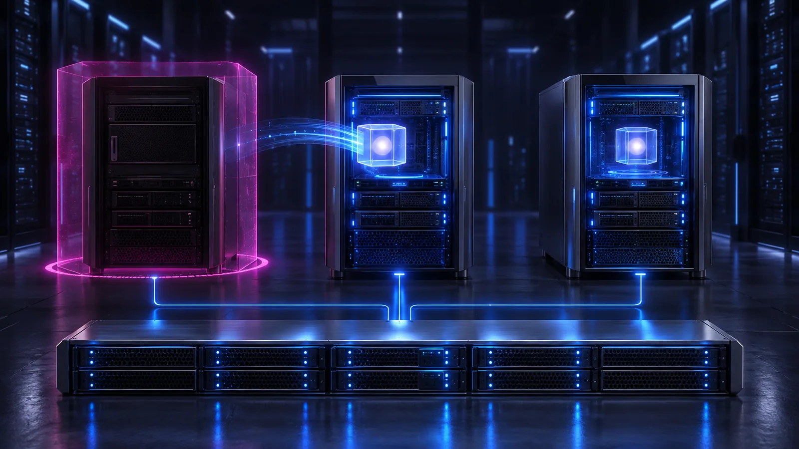 Un nœud serveur éteint en magenta à gauche et deux nœuds actifs qui reprennent un cube de service bleu