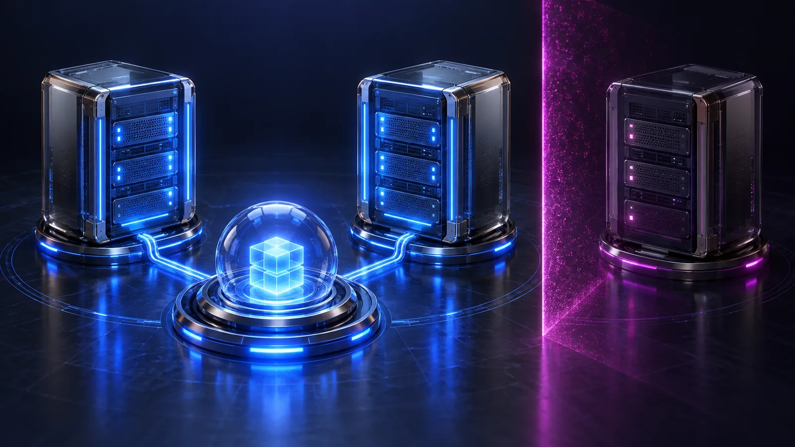Deux nœuds serveurs bleus reliés autour d'un service lumineux tandis qu'un troisième nœud magenta reste isolé